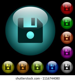 File record icons in color illuminated spherical glass buttons on black background. Can be used to black or dark templates