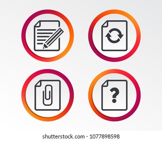 File refresh icons. Question help and pencil edit symbols. Paper clip attach sign. Infographic design buttons. Circle templates. Vector