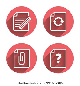 File refresh icons. Question help and pencil edit symbols. Paper clip attach sign. Pink circles flat buttons with shadow. Vector
