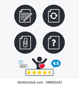 File refresh icons. Question help and pencil edit symbols. Paper clip attach sign. Star vote ranking. Client like and think bubble. Quotes with message.
