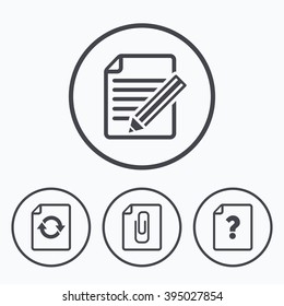 File refresh icons. Question help and pencil edit symbols. Paper clip attach sign. Icons in circles.
