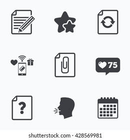 File refresh icons. Question help and pencil edit symbols. Paper clip attach sign. Flat talking head, calendar icons. Stars, like counter icons. Vector