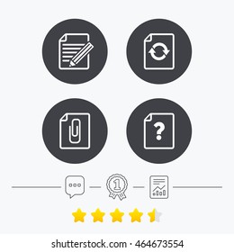 File refresh icons. Question help and pencil edit symbols. Paper clip attach sign. Chat, award medal and report linear icons. Star vote ranking. Vector