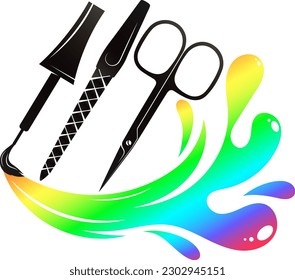 Tijeras de archivo y pincel con esmalte de uñas. Signo para salón de uñas y manicurista