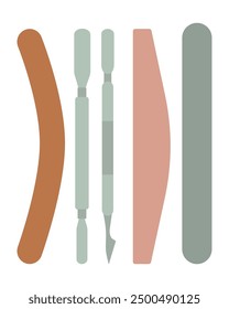 File, scraper, curette set for manicure. Professional nail care tool. Isolated vector illustration in clip art style.