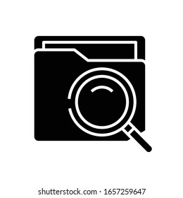 Icono negro de búsqueda de archivos, ilustración conceptual, símbolo plano vectorial, signo de glifo.