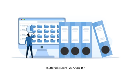 Concepto de búsqueda de archivos. El trabajador busca archivos. el empleado usa una lupa. Archivo enlazador, carpeta azul con documentos. Administrador de archivos, almacenamiento de datos e indexación. ilustración vectorial plana.