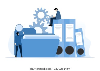 File search concept. Worker searches for files. employee uses a magnifying glass. File binder, blue folder with documents. File manager, data storage and indexing. flat vector illustration.