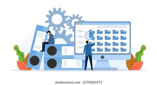 Concepto de búsqueda de archivos. El trabajador busca archivos. el empleado usa una lupa. Archivo enlazador, carpeta azul con documentos. Administrador de archivos, almacenamiento de datos e indexación. ilustración vectorial plana.