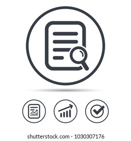File search icon. Document page with magnifier tool symbol. Report document, Graph chart and Check signs. Circle web buttons. Vector