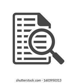 File search icon. Document page with magnifier tool symbol isolated on white background. Vector illustration.