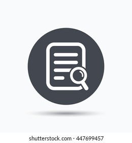 File search icon. Document page with magnifier tool symbol. Flat web button with icon on white background. Gray round pressbutton with shadow. Vector