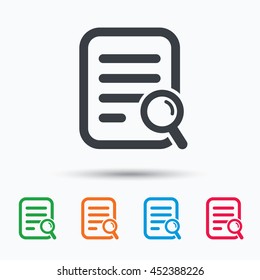 File search icon. Document page with magnifier tool symbol. Colored flat web icon on white background. Vector