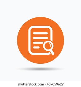 File search icon. Document page with magnifier tool symbol. Orange circle button with flat web icon. Vector