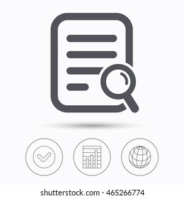 File search icon. Document page with magnifier tool symbol. Check tick, graph chart and internet globe. Linear icons on white background. Vector