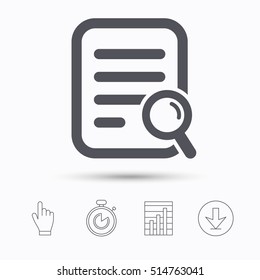 File search icon. Document page with magnifier tool symbol. Stopwatch timer. Hand click, report chart and download arrow. Linear icons. Vector