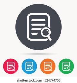 File search icon. Document page with magnifier tool symbol. Colored circle buttons with flat web icon. Vector