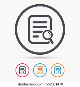 File search icon. Document page with magnifier tool symbol. Colored circle buttons with flat web icon. Vector