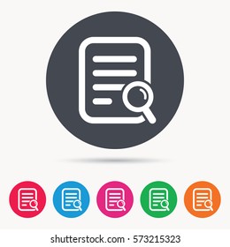 File search icon. Document page with magnifier tool symbol. Colored circle buttons with flat web icon. Vector