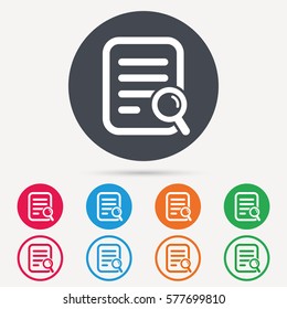 File search icon. Document page with magnifier tool symbol. Round circle buttons. Colored flat web icons. Vector
