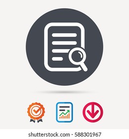 File search icon. Document page with magnifier tool symbol. Report document, award medal with tick and new tag signs. Colored flat web icons. Vector