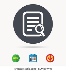 File search icon. Document page with magnifier tool symbol. Calendar, download arrow and new tag signs. Colored flat web icons. Vector