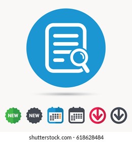 File search icon. Document page with magnifier tool symbol. Calendar, download arrow and new tag signs. Colored flat web icons. Vector