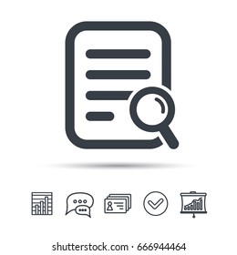 File search icon. Document page with magnifier tool symbol. Chat speech bubble, chart and presentation signs. Contacts and tick web icons. Vector