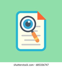 File search icon. Document page with magnifier tool symbol.