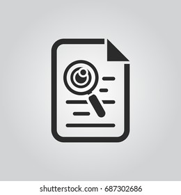 File search icon. Document page with magnifier tool symbol.