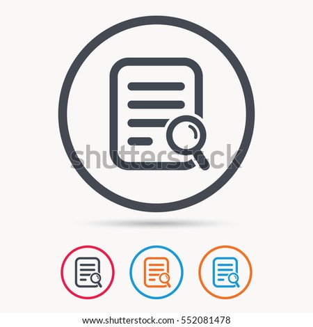 File search icon. Document page with magnifier tool symbol. Colored circle buttons with flat web icon. Vector