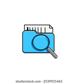 file search, magnifying glass and folder, cartoon vector illustration isolated on white background. File search and filtering.
