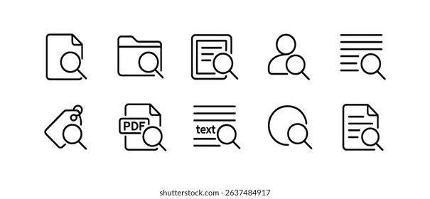 File and search outline icon set. document, folder, digital, magnifying glass icons