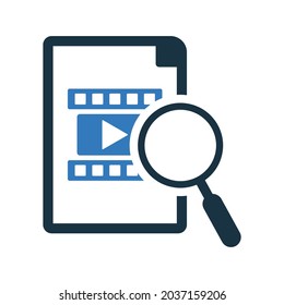 Datei, Suche, Videosymbol. Einfaches bearbeitbares Vektordesign einzeln auf weißem Hintergrund.