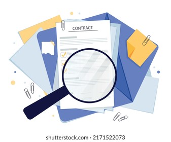 File searching concept. Magnifying glass lies on documents. Metaphor of paperwork, searching for information and collecting statistics. Lawyers study contract. Cartoon flat vector illustration