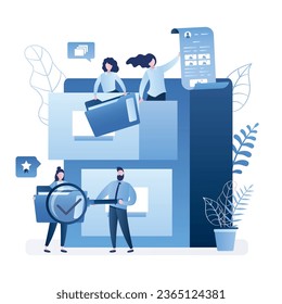 File searching concept. Quick files search. Document archiving and data storage, large database. Various tiny business people with content and folders. Support service, teamwork. Vector illustration