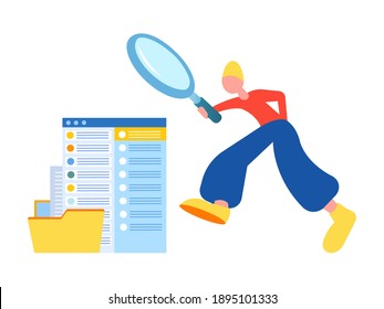 File Searching Concept Vector illustration. Tiny person using magnifying glass and searching files in electronic database.
