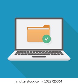 File security, laptop, file, check mark icon, flat design vector illustration