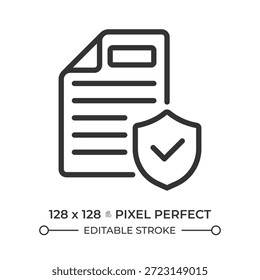 Ícone de linha perfeita de pixel de segurança de arquivo. Documento verificado, padrões de conformidade. Criptografia de dados, controle de acesso. Ilustração isolada de vetor. Símbolo de estrutura de tópicos. Desenho linear simples. Traçado editável