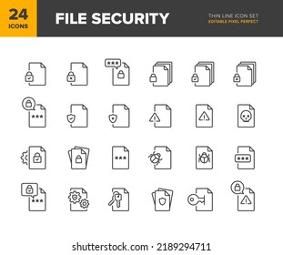 File security vector line icon set. Document protection icon collection. Different variations of file secure symbol. Editable pixel perfect