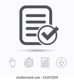 File selected icon. Document page with check symbol. Stopwatch timer. Hand click, report chart and download arrow. Linear icons. Vector