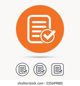 File selected icon. Document page with check symbol. Orange circle button with web icon. Star and square design. Vector