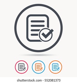 File selected icon. Document page with check symbol. Colored circle buttons with flat web icon. Vector