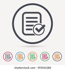 File selected icon. Document page with check symbol. Round circle buttons. Colored flat web icons. Vector