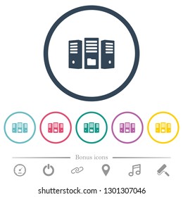 File server flat color icons in round outlines. 6 bonus icons included.