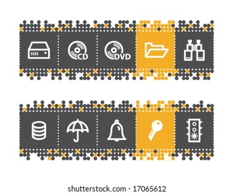 File server web icons on grey and orange dots bar. Vector file has layers, all icons in two versions are included.