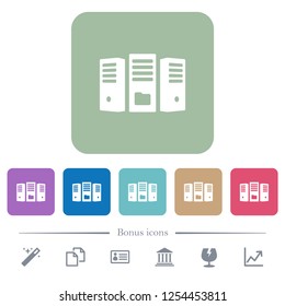 File server white flat icons on color rounded square backgrounds. 6 bonus icons included