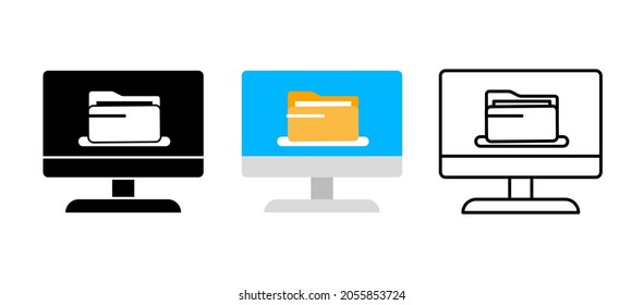 File set. Document filing vector icon set with pc. Editable row set. Silhouette, colored, linear icon set. Logo-web, icon design element.