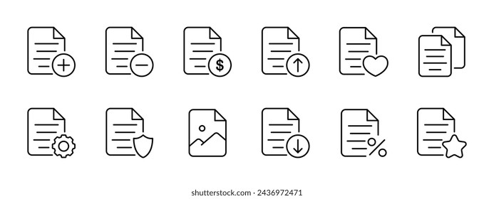 Icono de conjunto de archivos. Eliminar, enviar, bloquear, leer y buscar archivos. Fotos y finanzas en archivos, ajustes, configuración, descarga, carga. Trabajar con el concepto de archivos . Icono de línea vectorial.