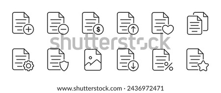 File set icon. Deleting, sending, blocking, reading, searching for files. Photos and finances in files, settings, configuring, download, upload. Working with files concept . Vector line icon.